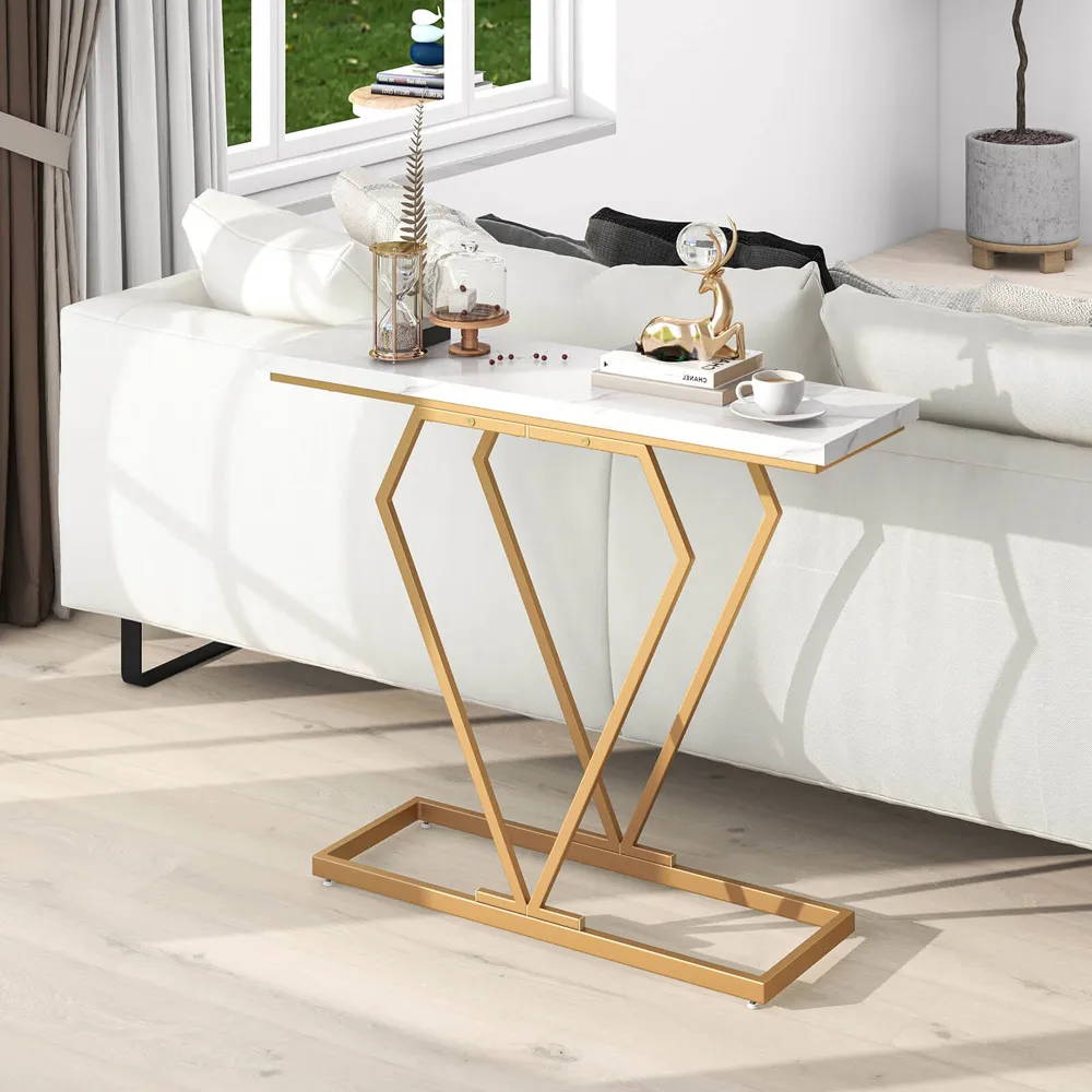 Console Table with Geometric Diamond Frame - Gold, White