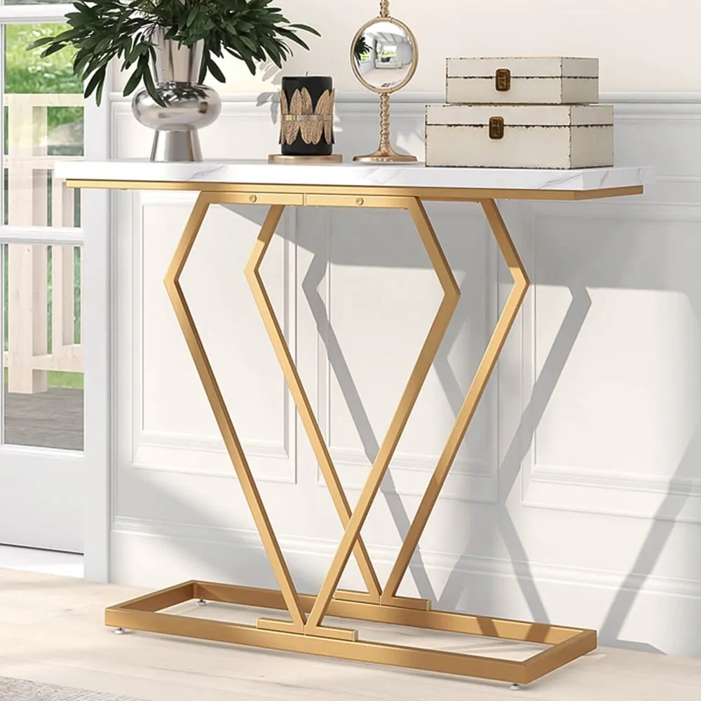 Console Table with Geometric Diamond Frame - Gold, White image