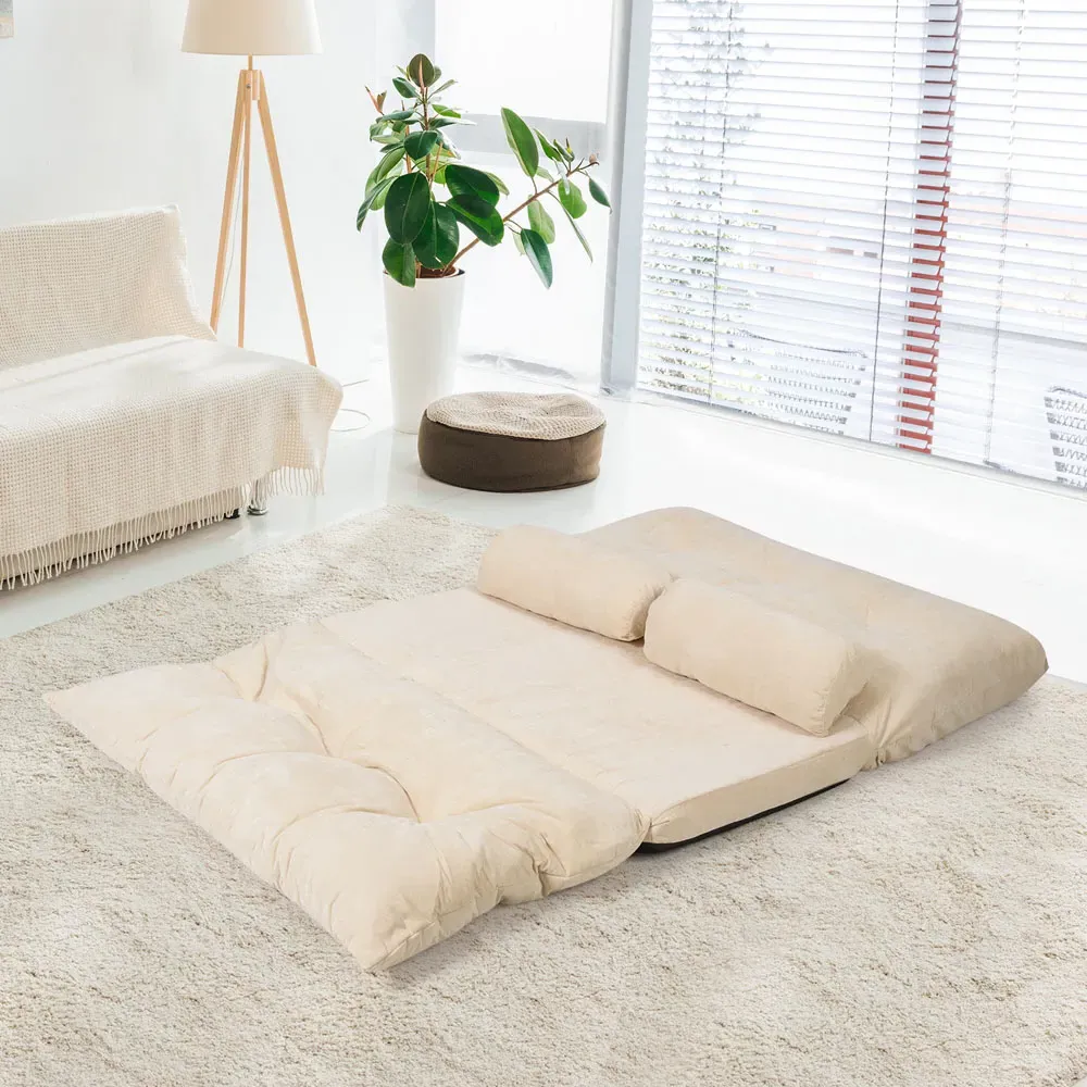Convertible Floor Sofa Bed with Waist Pillows - Beige