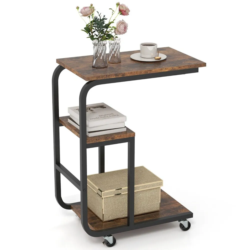 Costway 3 Tier C-Shaped End Table with Casters - Brown