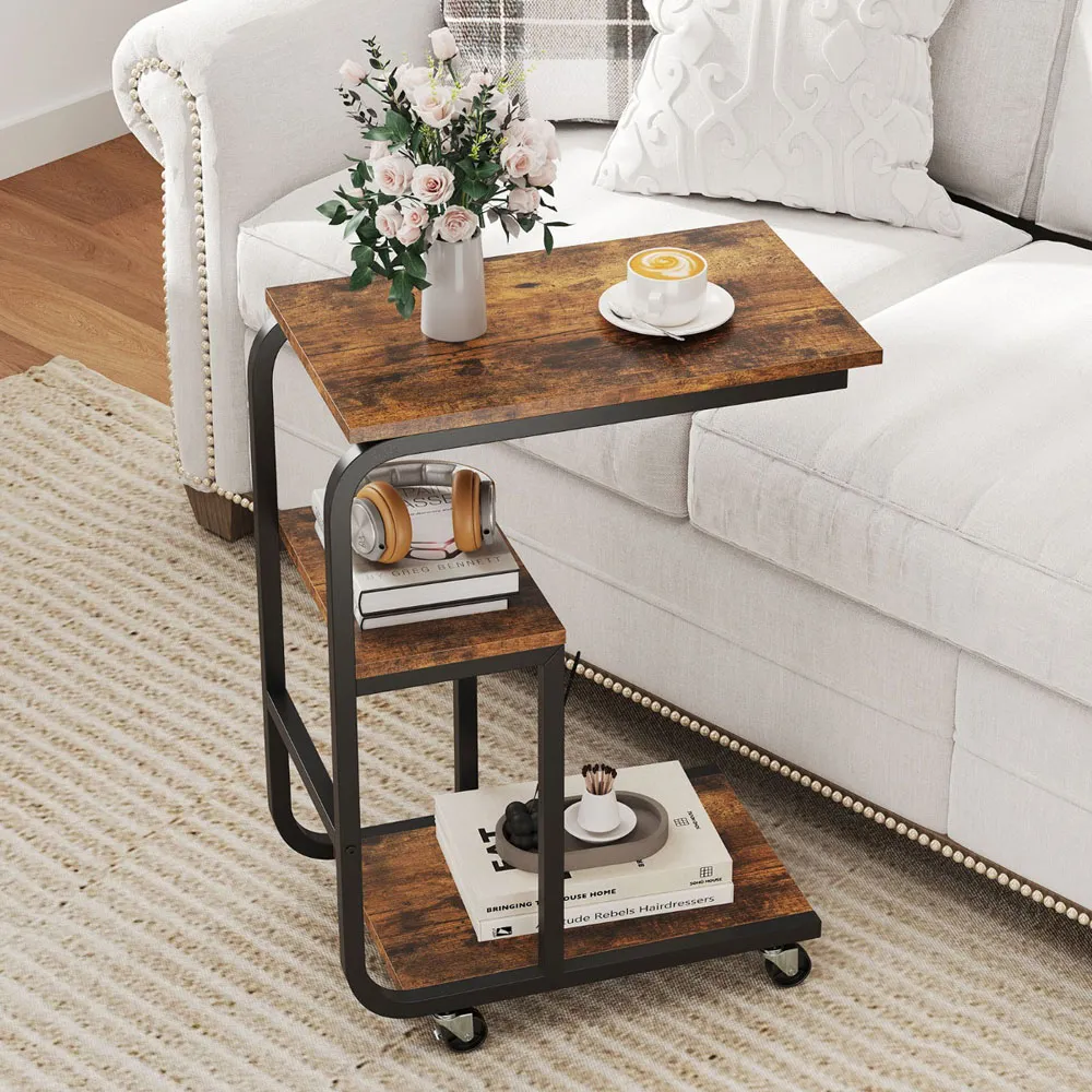 Costway 3 Tier C-Shaped End Table with Casters - Brown