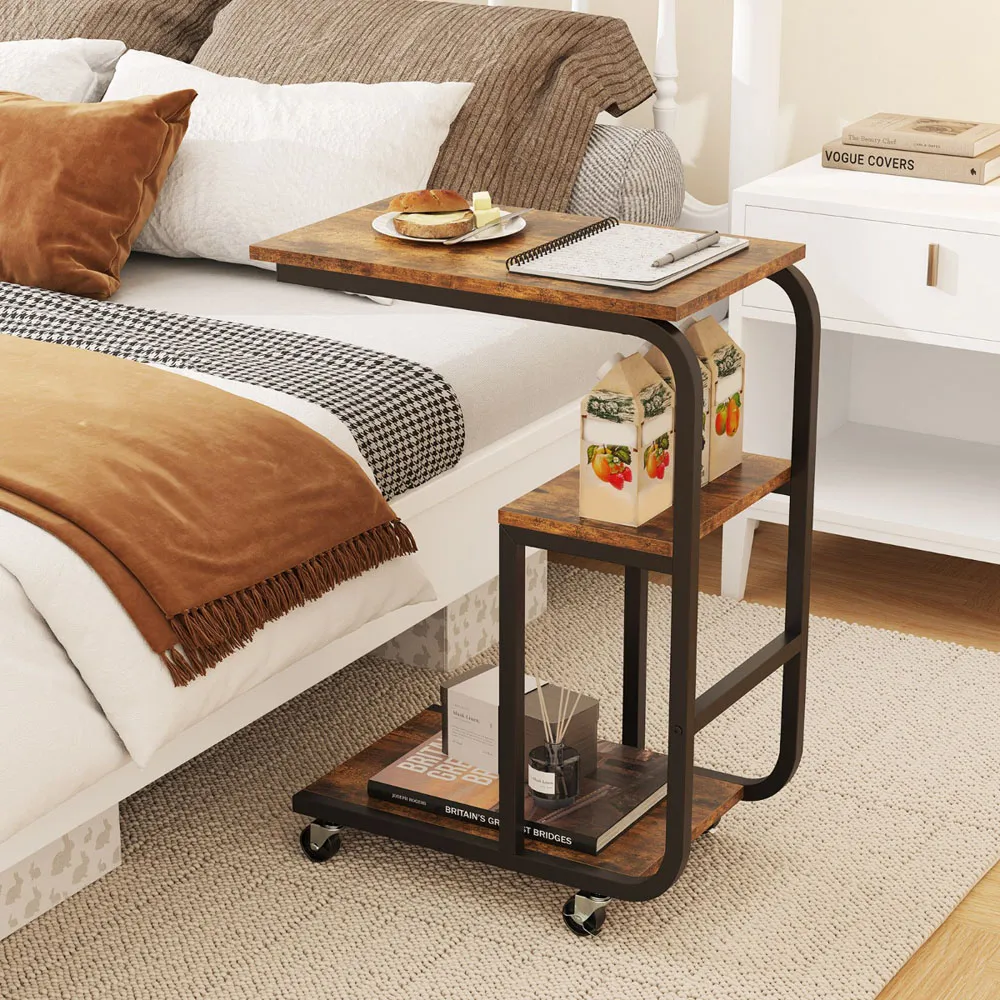 Costway 3 Tier C-Shaped End Table with Casters - Brown