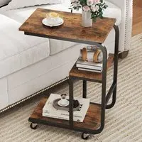 Costway 3 Tier C-Shaped End Table with Casters - Brown