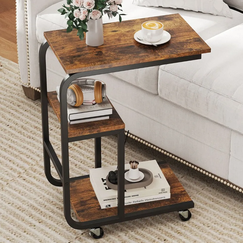 Costway 3 Tier C-Shaped End Table with Casters - Brown image