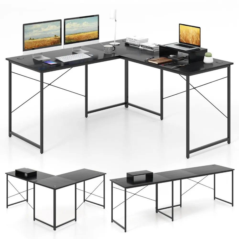 Costway L-Shaped Corner Desk with Monitor Stand - Black