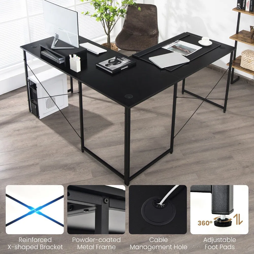 Costway L-Shaped Corner Desk with Monitor Stand - Black