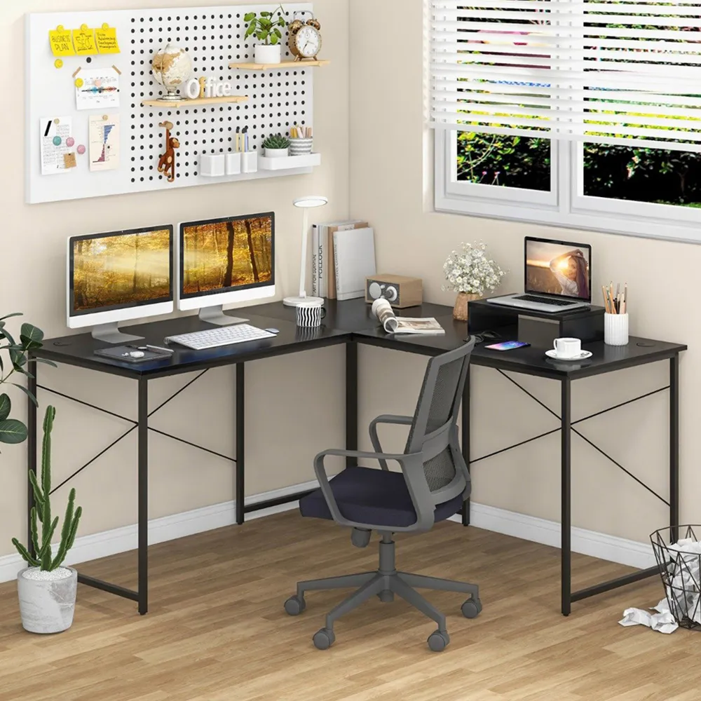 Costway L-Shaped Corner Desk with Monitor Stand - Black image