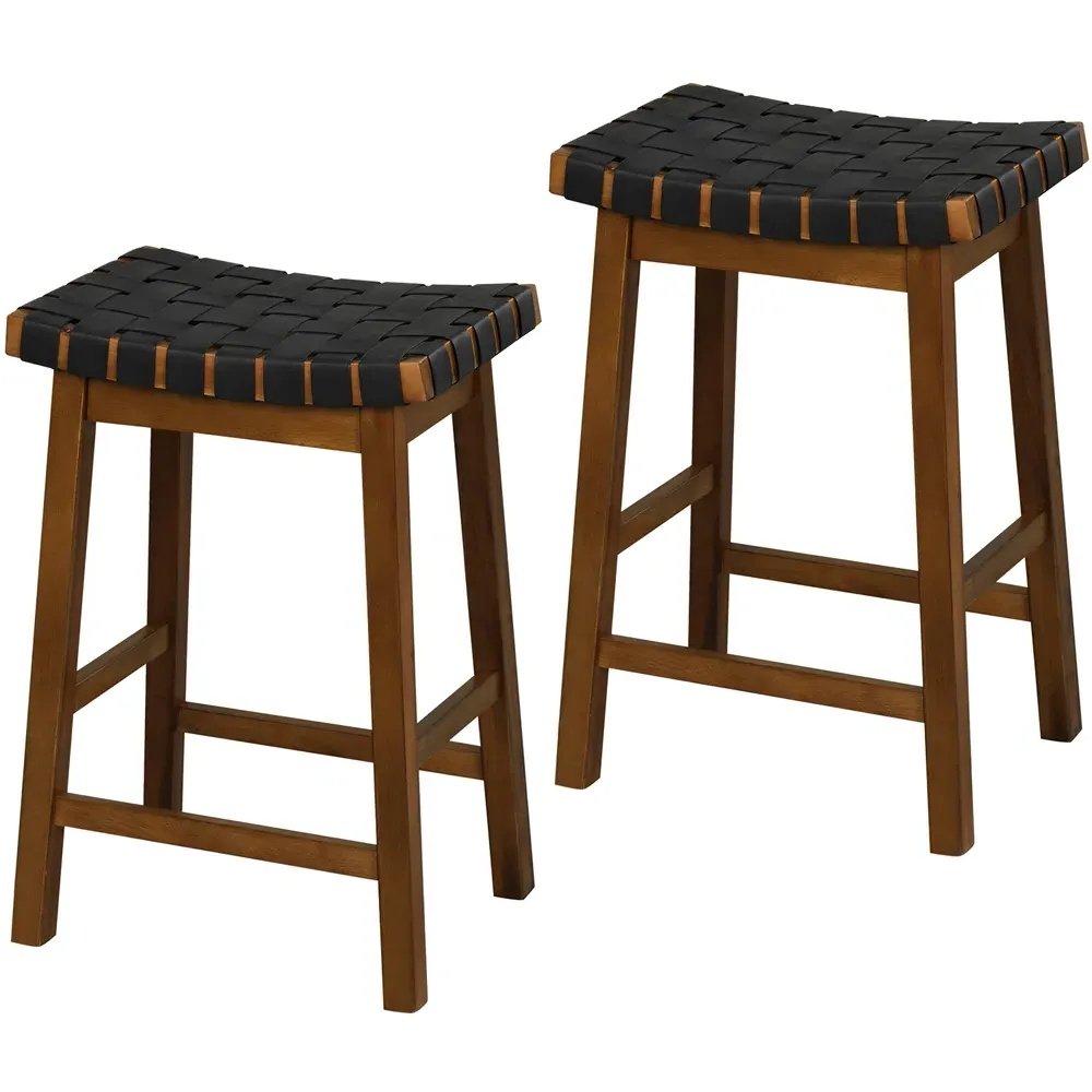 Counter Height Saddle Bar Stool Set of 2 - Black, Faux Leather