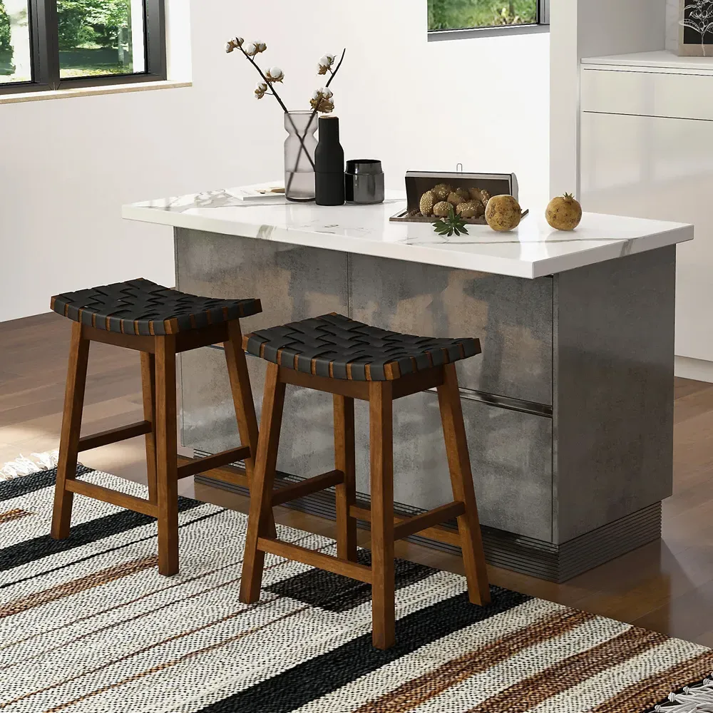 Counter Height Saddle Bar Stool Set of 2 - Black, Faux Leather