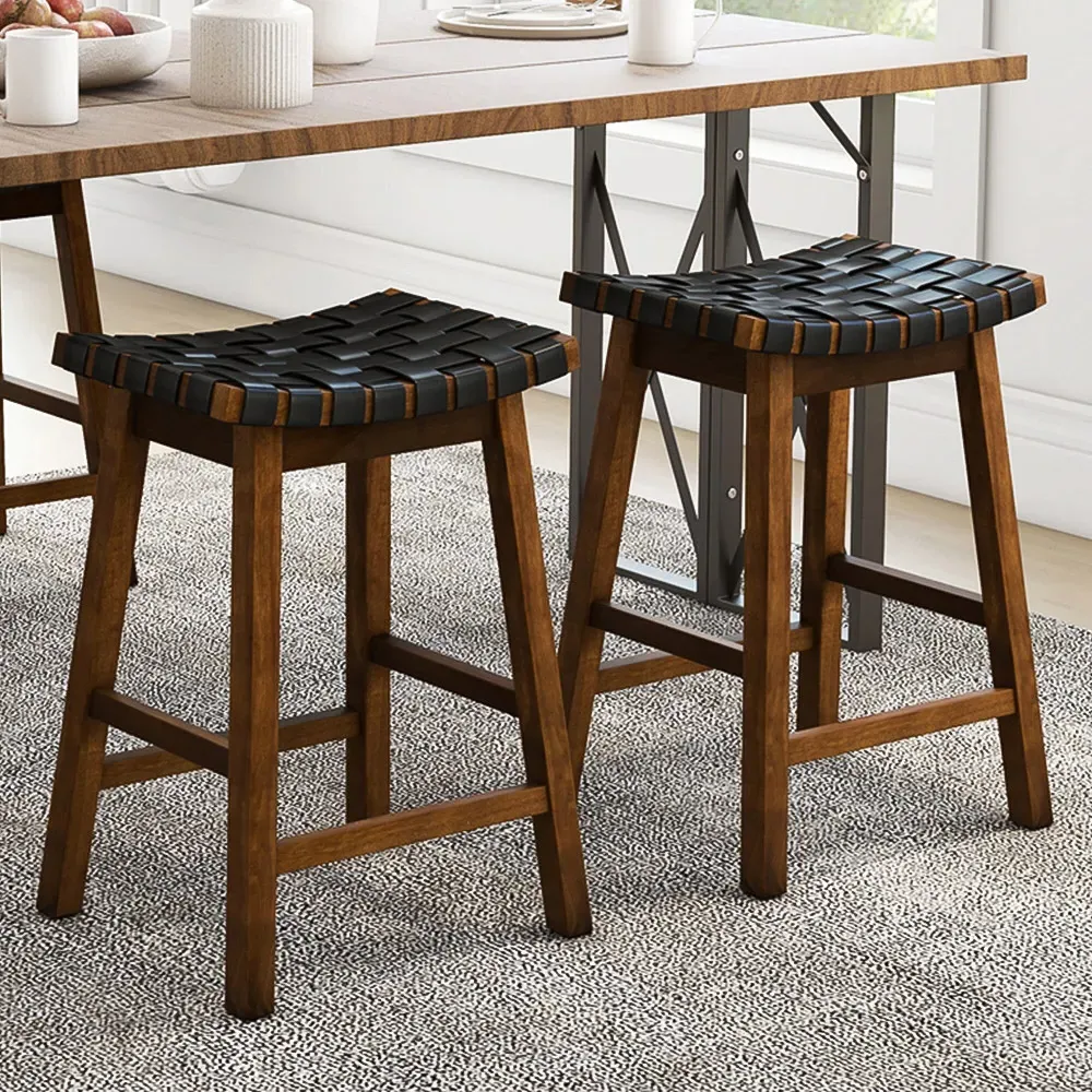 Counter Height Saddle Bar Stool Set of 2 - Black, Faux Leather image