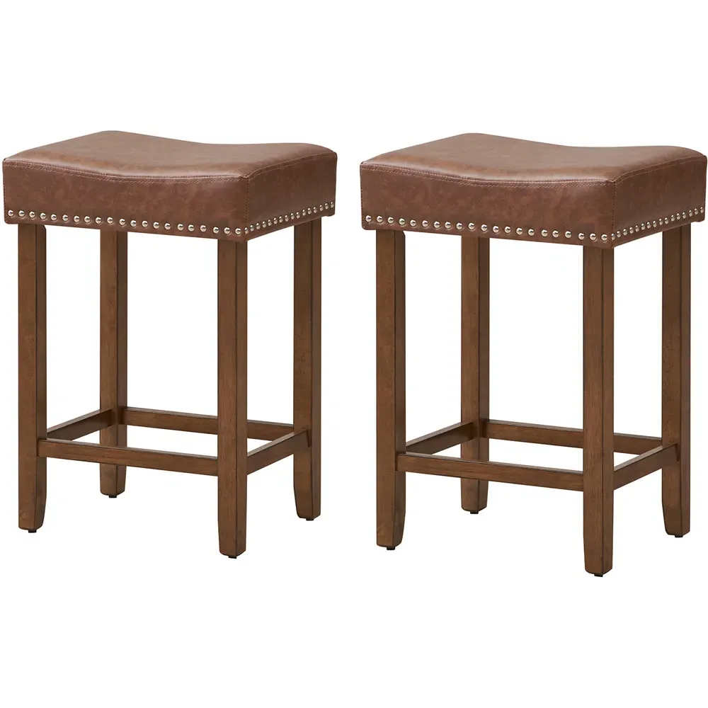 Counter Height Saddle Stool Set of 2 - Brown, PU Leather
