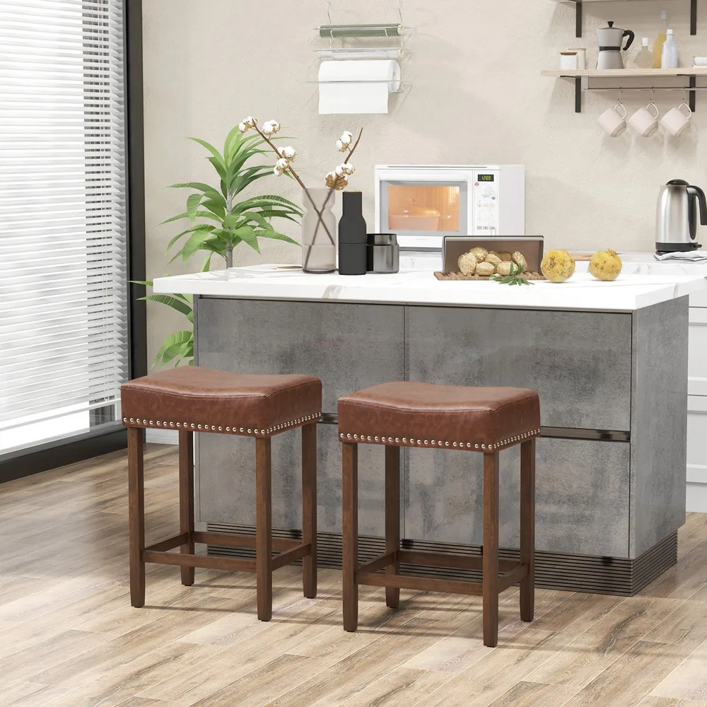 Counter Height Saddle Stool Set of 2 - Brown, PU Leather