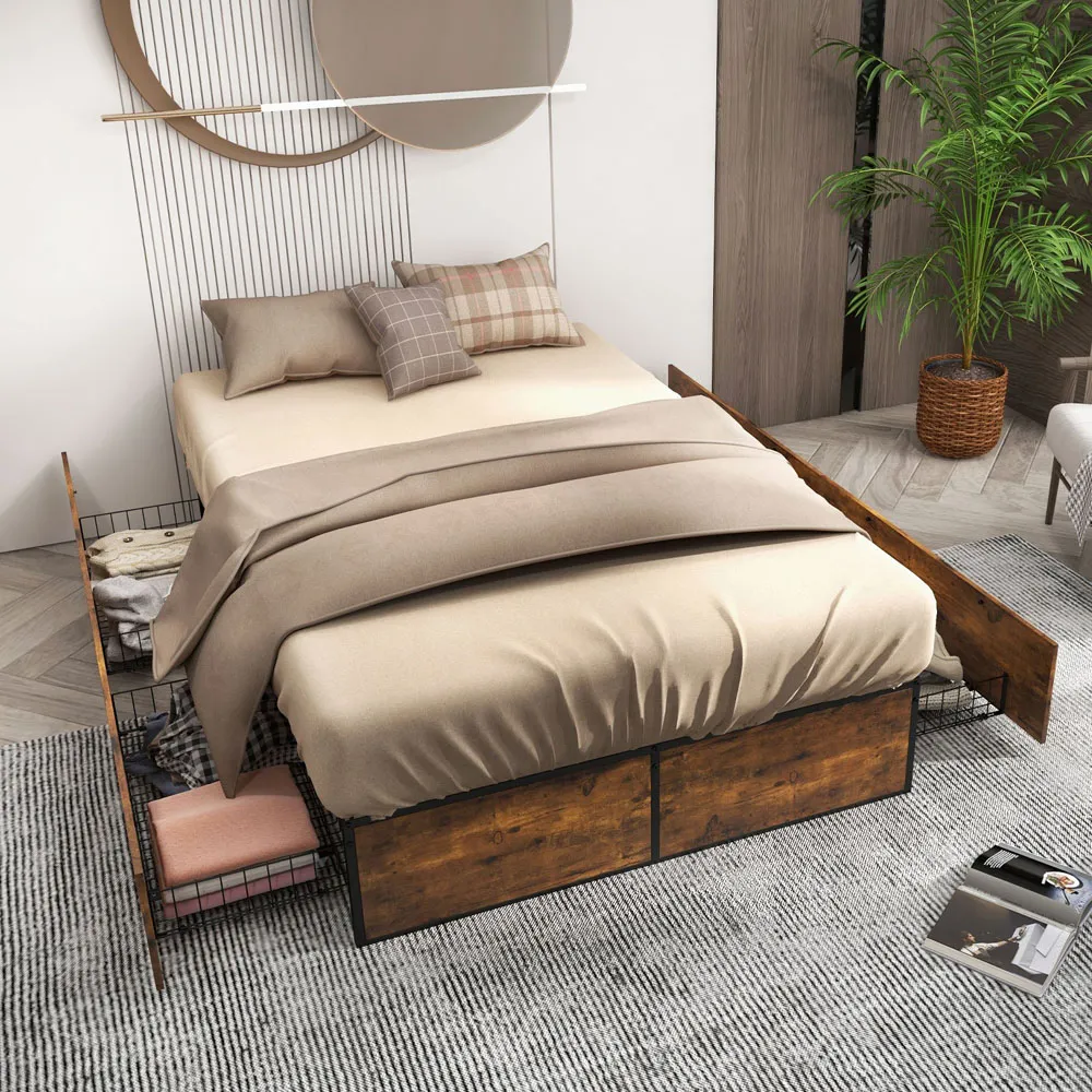 Double Bed Frame with 4 Underbed Drawers - Black