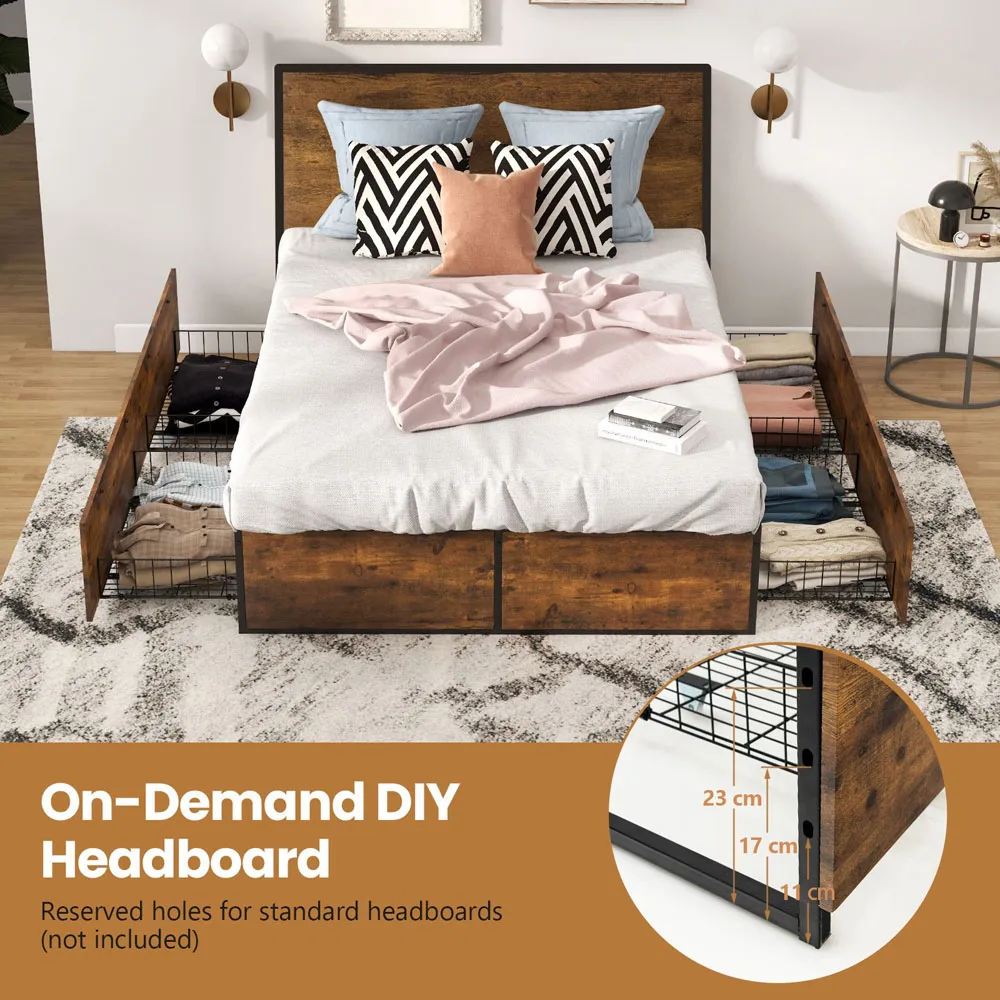 Double Bed Frame with 4 Underbed Drawers - Black