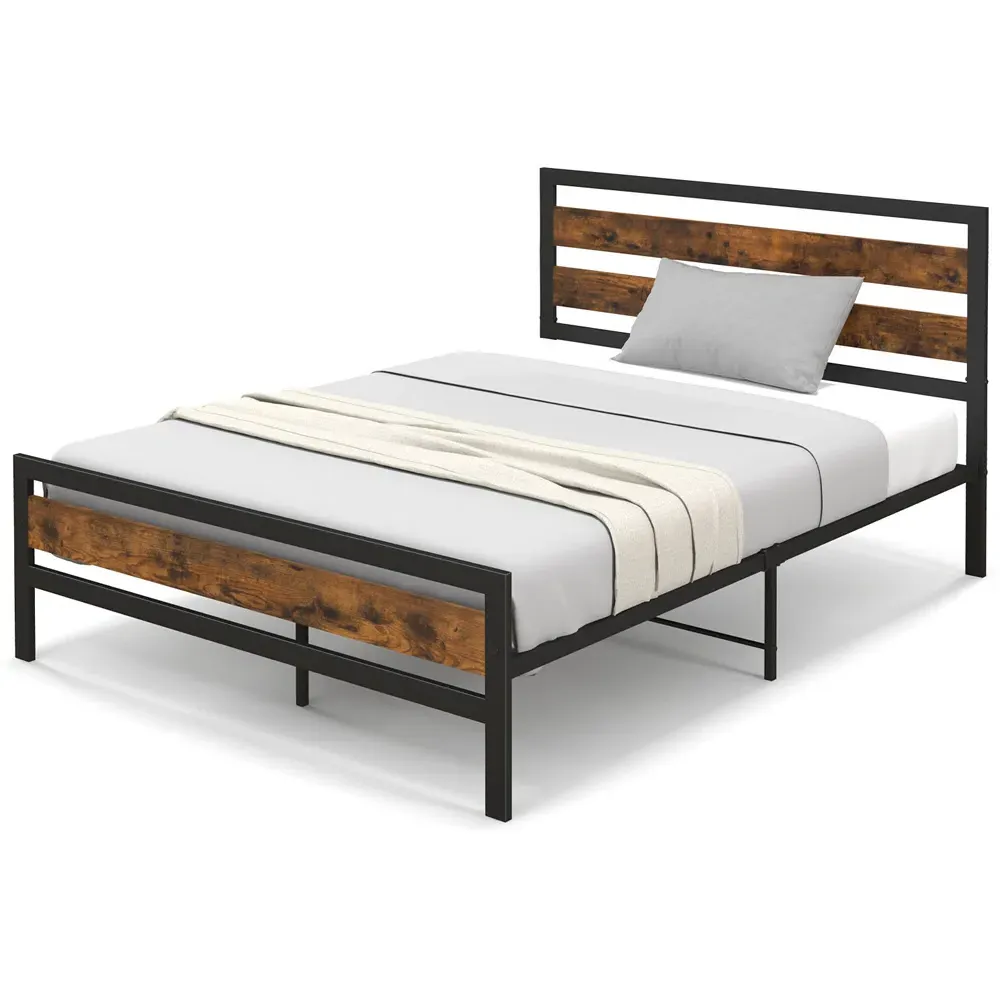 Double Bed Frame with Headboard - Brown, Metal