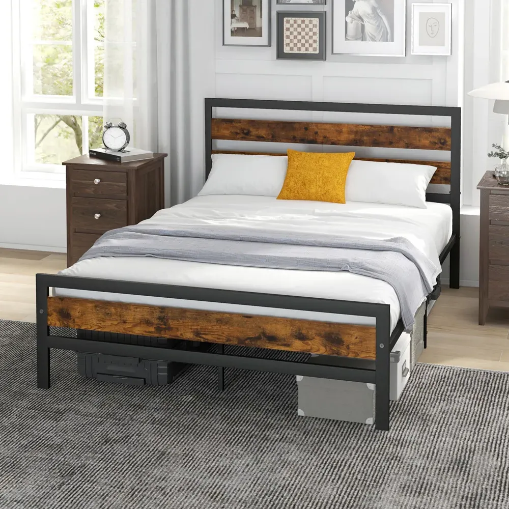Double Bed Frame with Headboard - Brown, Metal