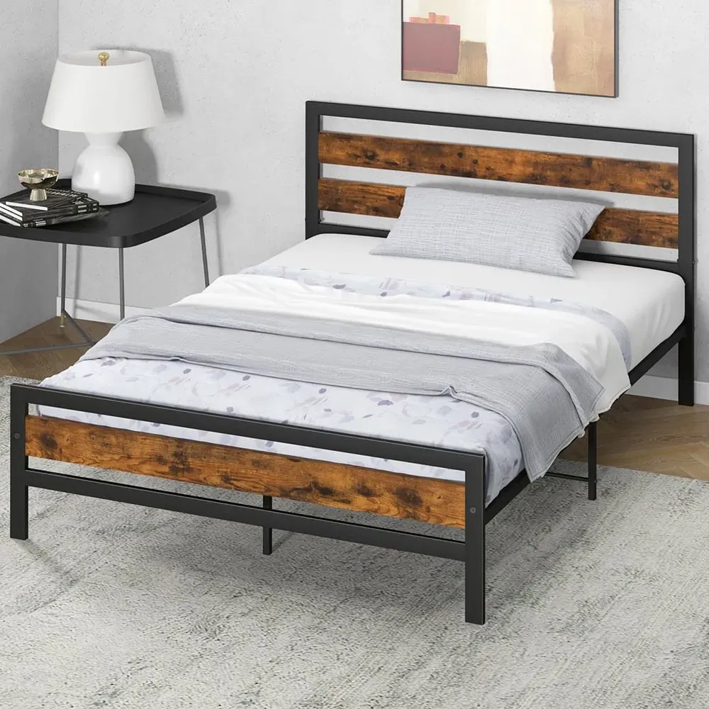 Double Bed Frame with Headboard - Brown, Metal image