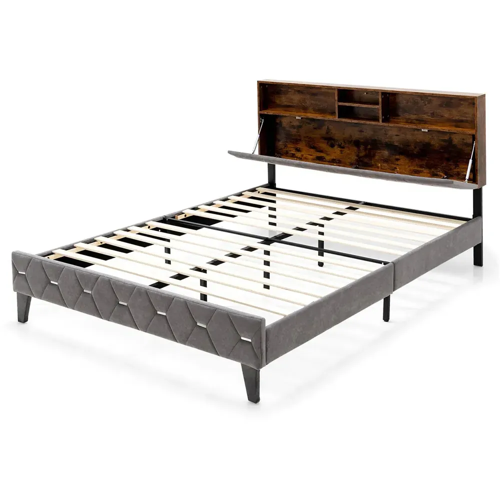 Double Bed Frame with LED Headboard and Storage - Black