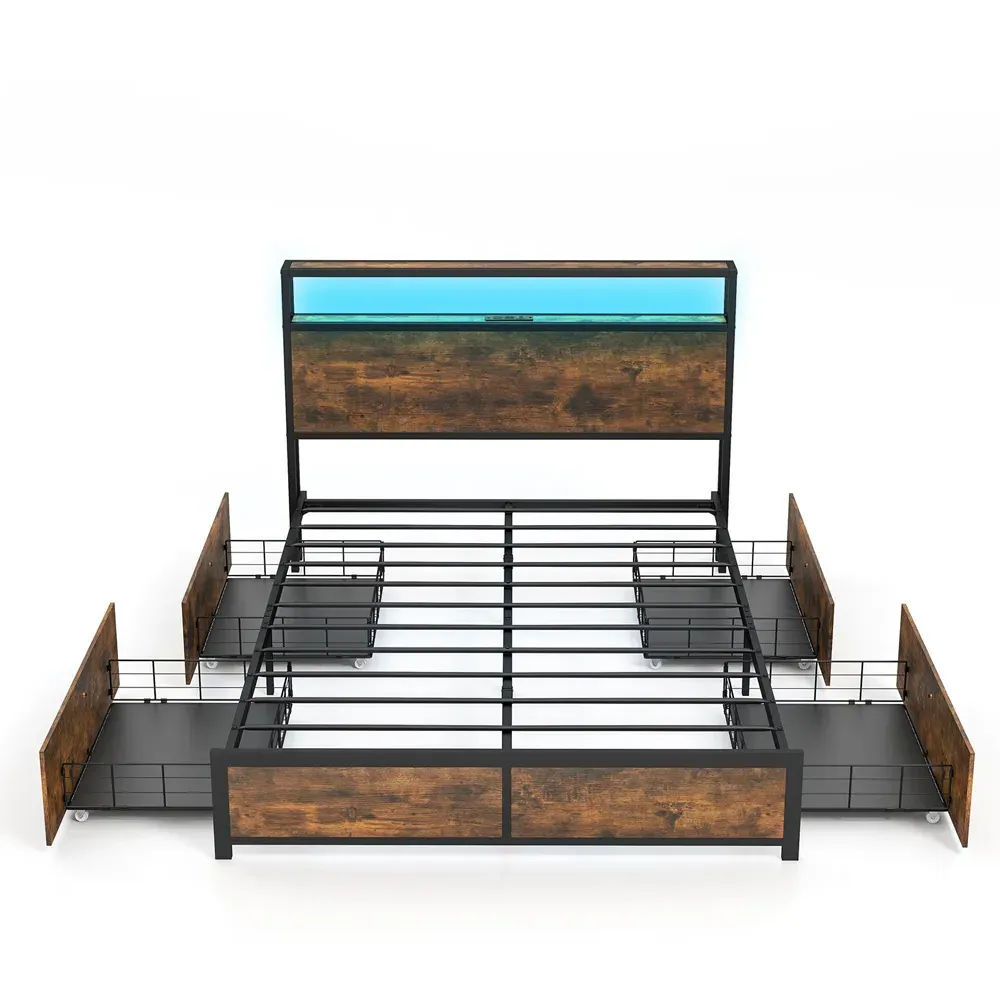 Double Bed Frame with LED Headboard and Storage - Brown