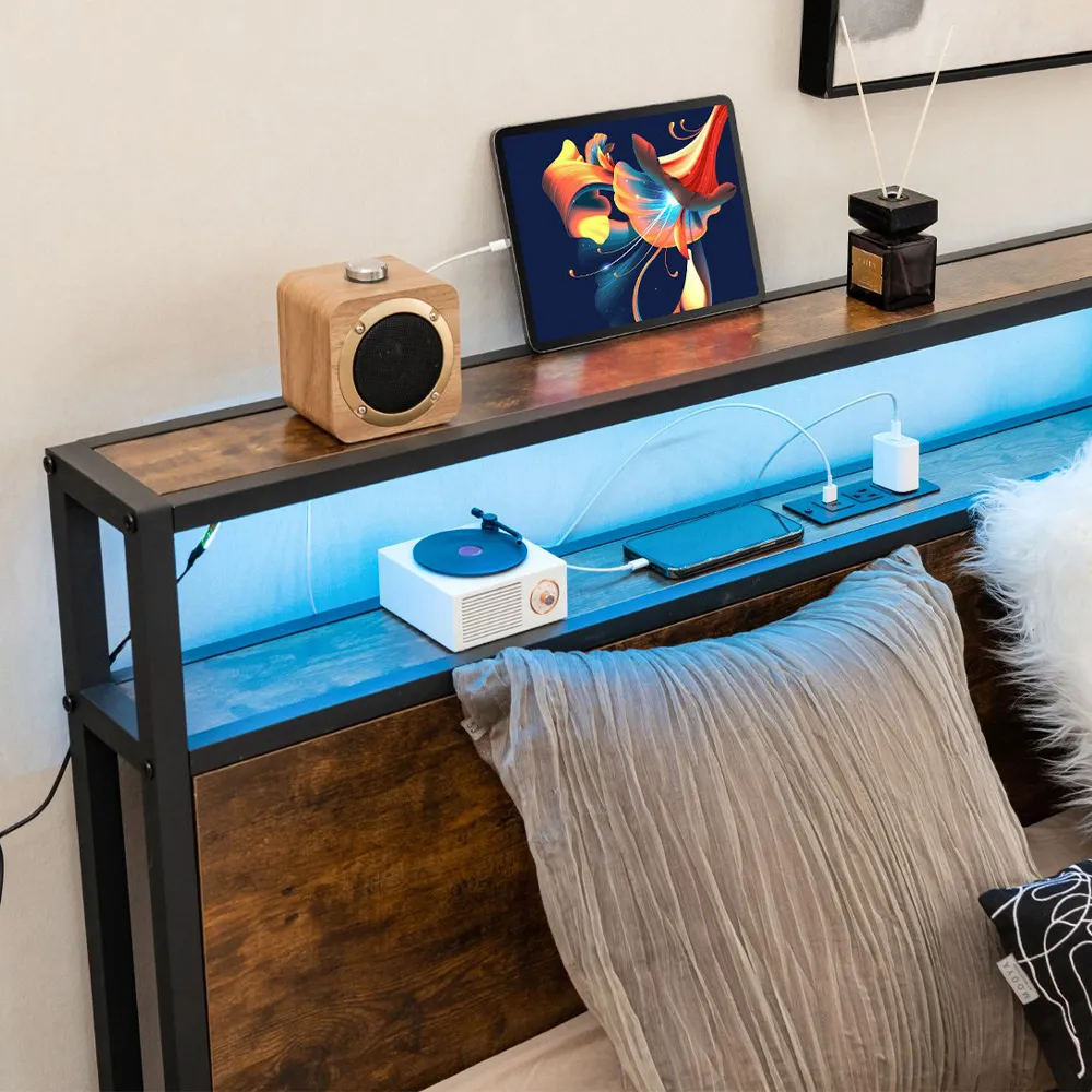 Double Bed Frame with LED Headboard and Storage - Brown