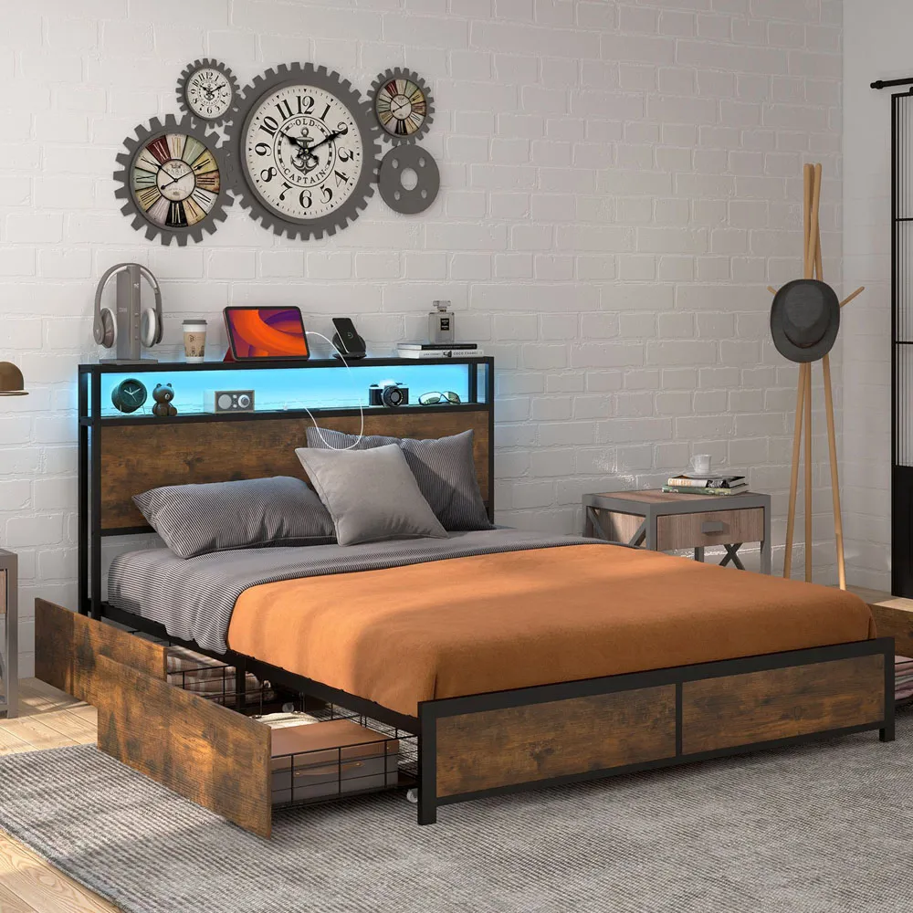Double Bed Frame with LED Headboard and Storage - Brown