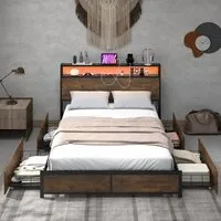Double Bed Frame with LED Headboard and Storage - Brown