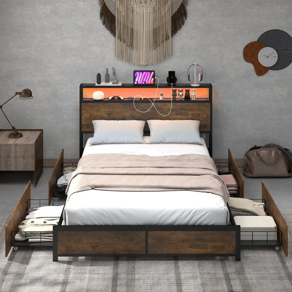 Double Bed Frame with LED Headboard and Storage - Brown