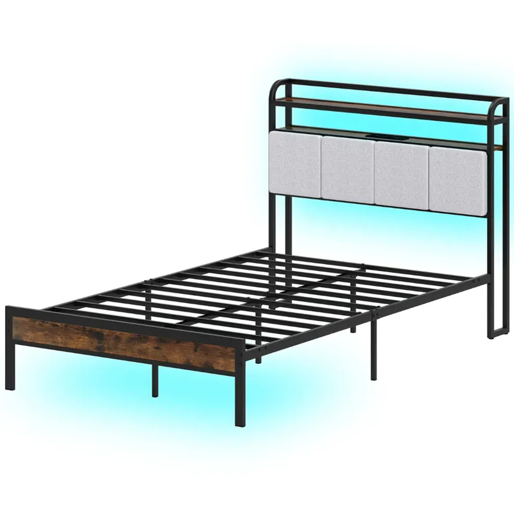 Double Bed Frame with LED Light and Charging Station - Brown