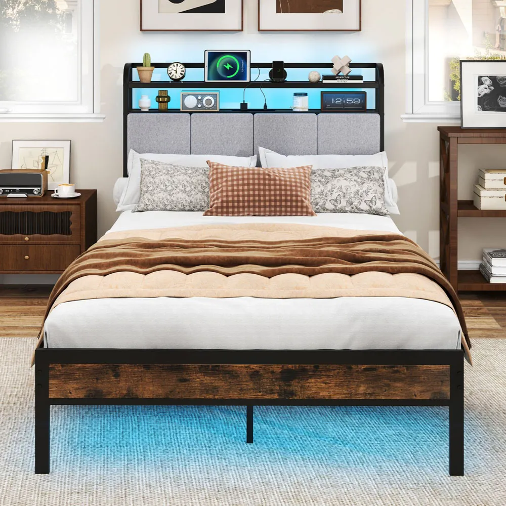 Double Bed Frame with LED Light and Charging Station - Brown