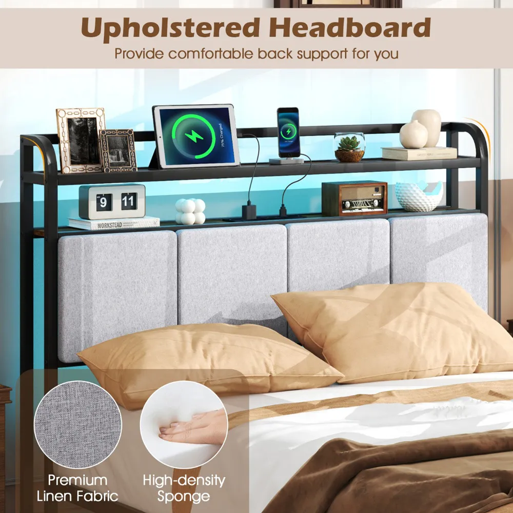 Double Bed Frame with LED Light and Charging Station - Brown