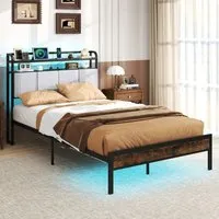 Double Bed Frame with LED Light and Charging Station - Brown