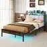 Double Bed Frame with LED Light and Charging Station - Brown