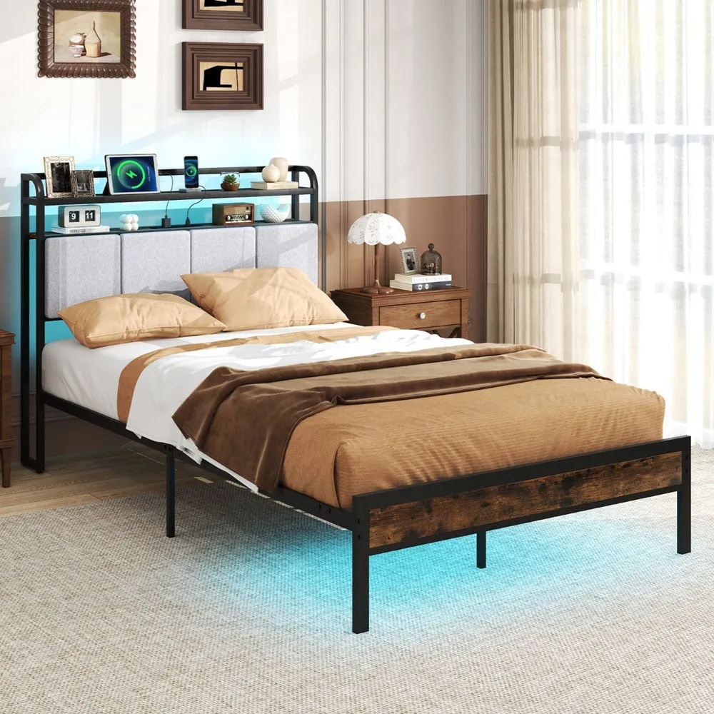 Double Bed Frame with LED Light and Charging Station - Brown image
