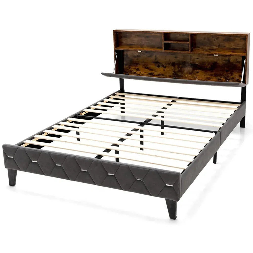 Double Bed Frame with Storage Headboard - Multi, Velvet