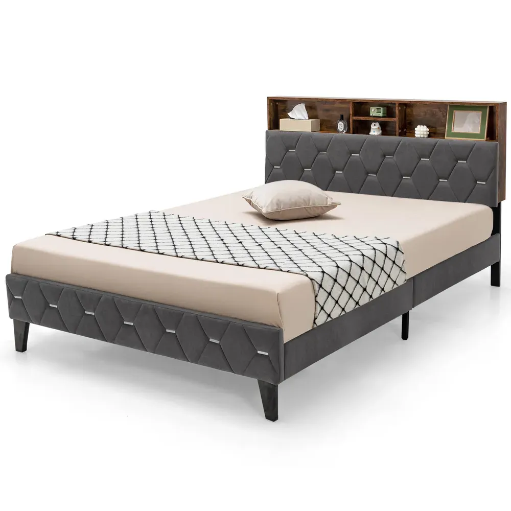 Double Bed Frame with Storage Headboard - Multi, Velvet