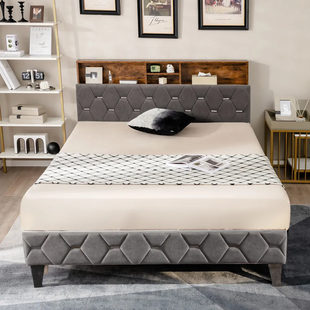 Double Bed Frame with Storage Headboard - Multi, Velvet