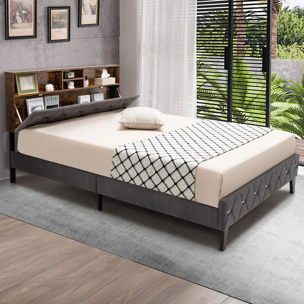 Double Bed Frame with Storage Headboard - Multi, Velvet