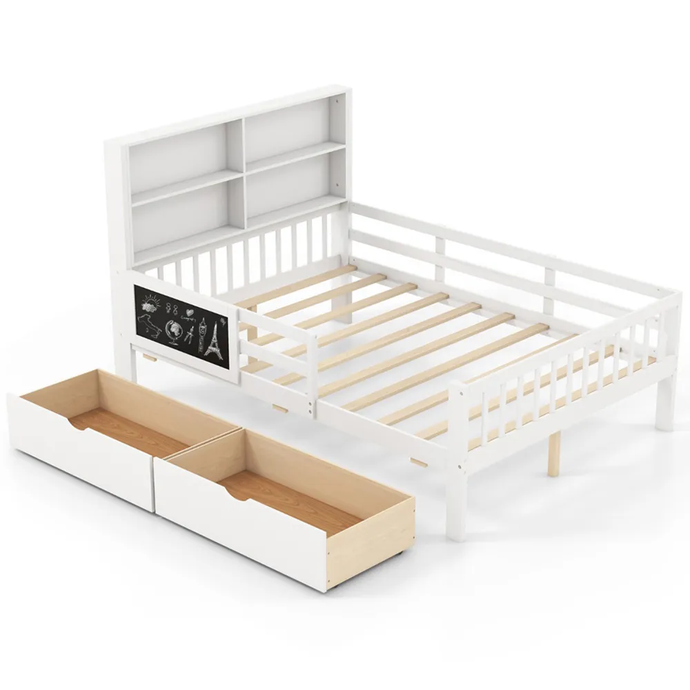 Double Bed Frame with Storage - White, Solid Wood