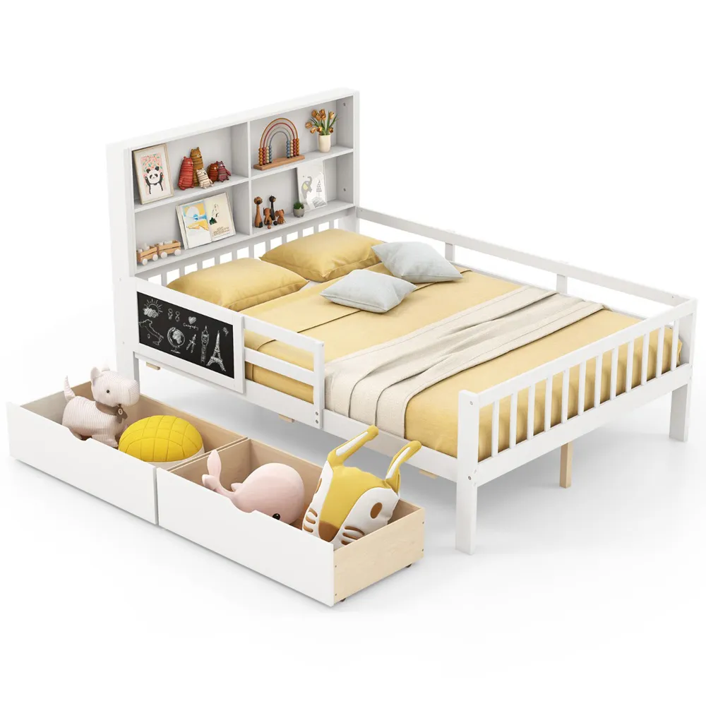 Double Bed Frame with Storage - White, Solid Wood