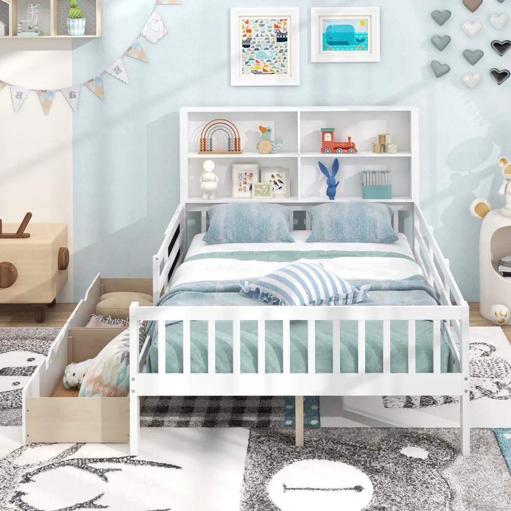 Double Bed Frame with Storage - White, Solid Wood