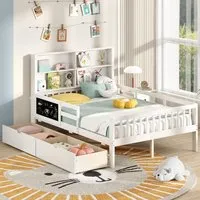 Double Bed Frame with Storage - White, Solid Wood
