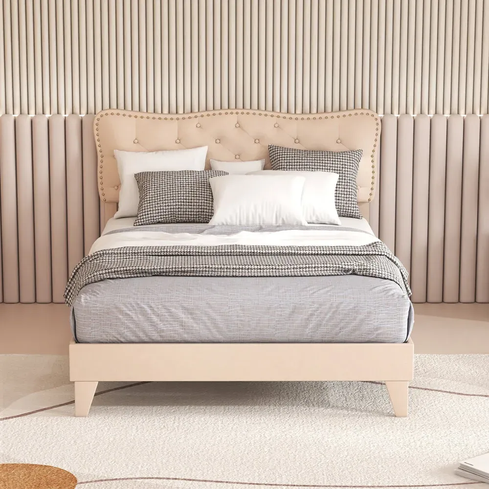 Double Button Tufted Bed - Cream
