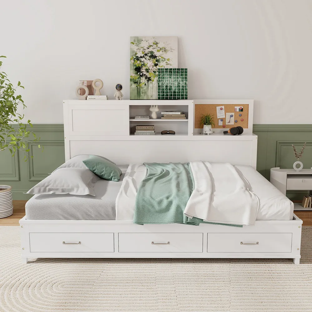 Double Daybed Frame with 3 Drawers - White
