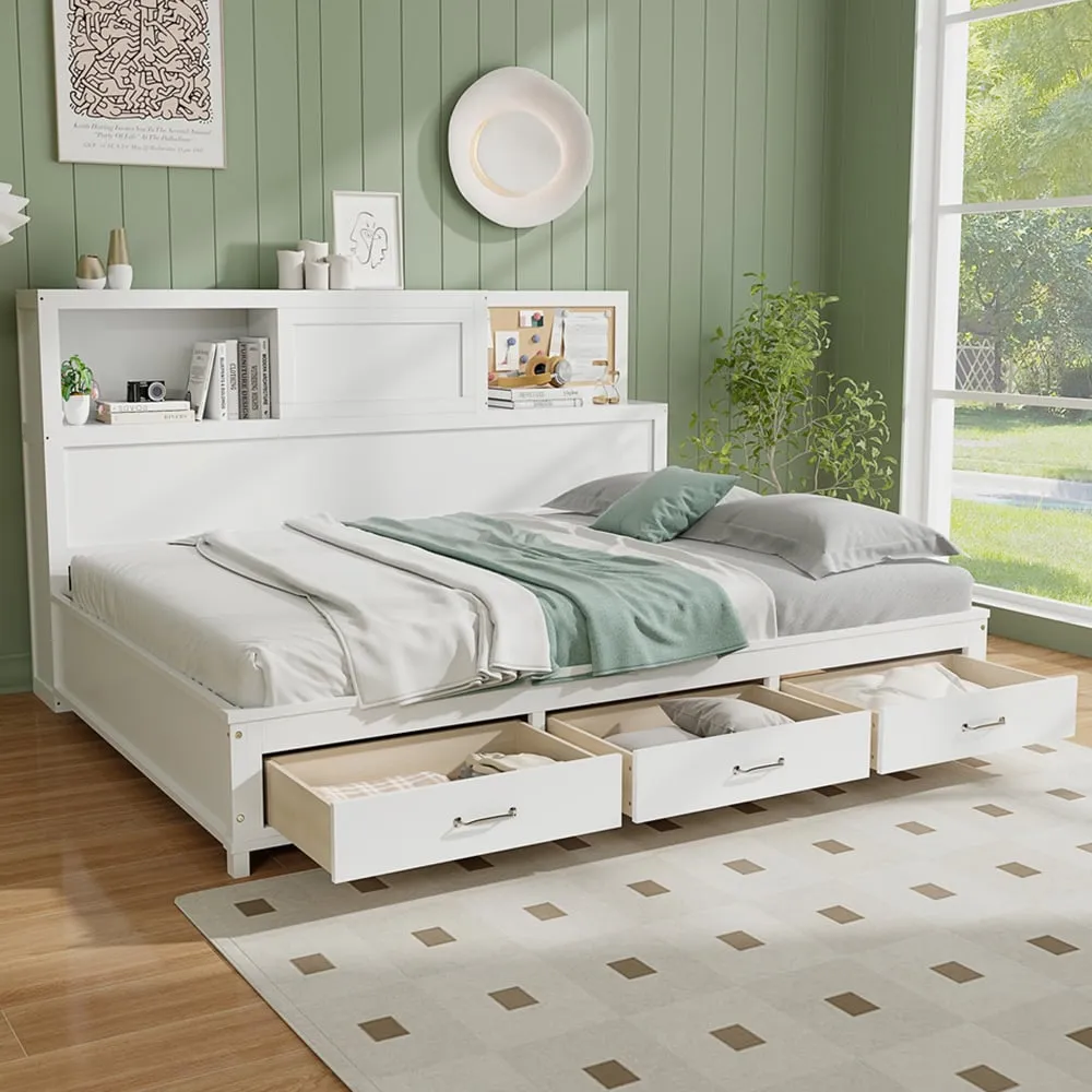 Double Daybed Frame with 3 Drawers - White