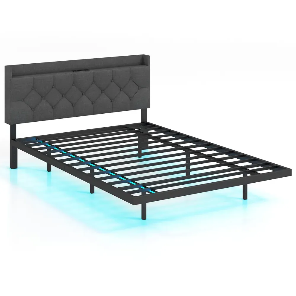 Double Floating Bed Frame with Charging Station - Grey