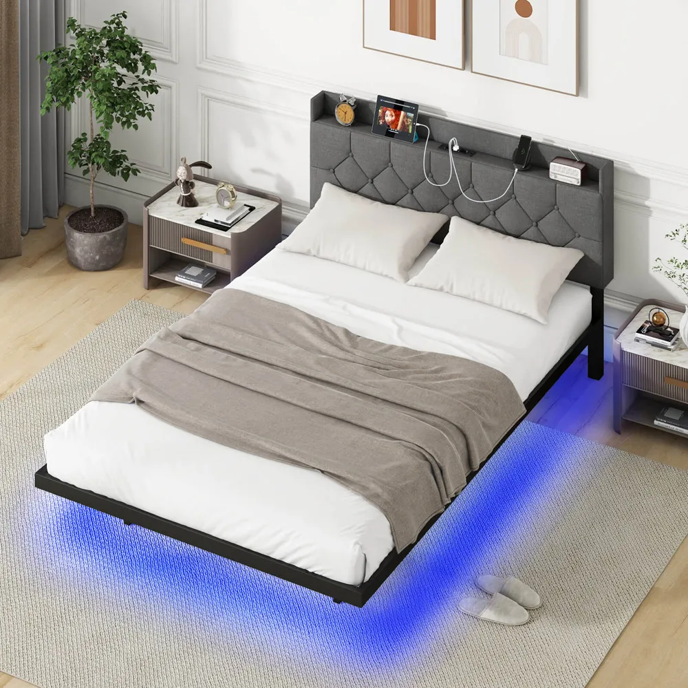 Double Floating Bed Frame with Charging Station - Grey