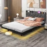 Double Floating Bed Frame with Charging Station - Grey
