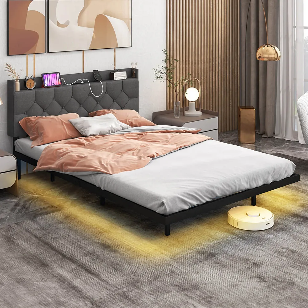 Double Floating Bed Frame with Charging Station - Grey