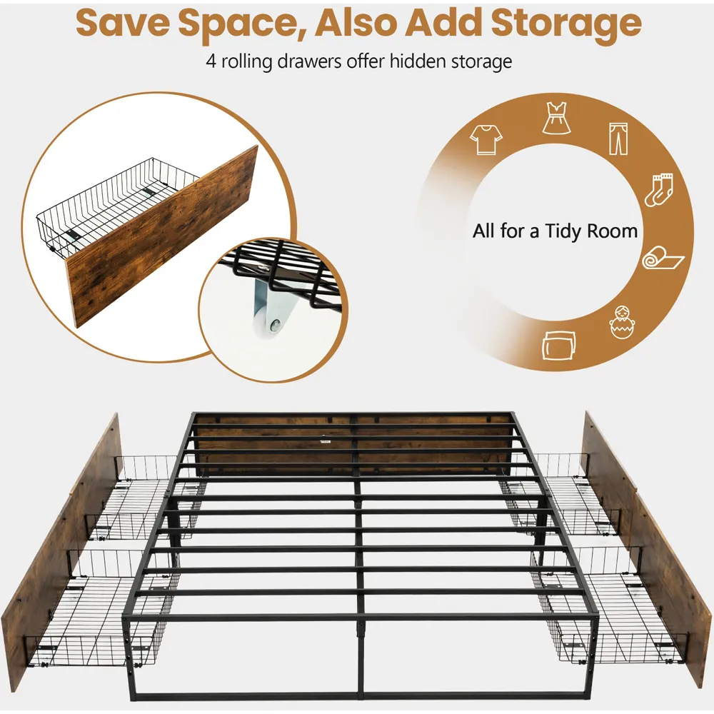 Double Metal Bed Frame with Storage - Brown