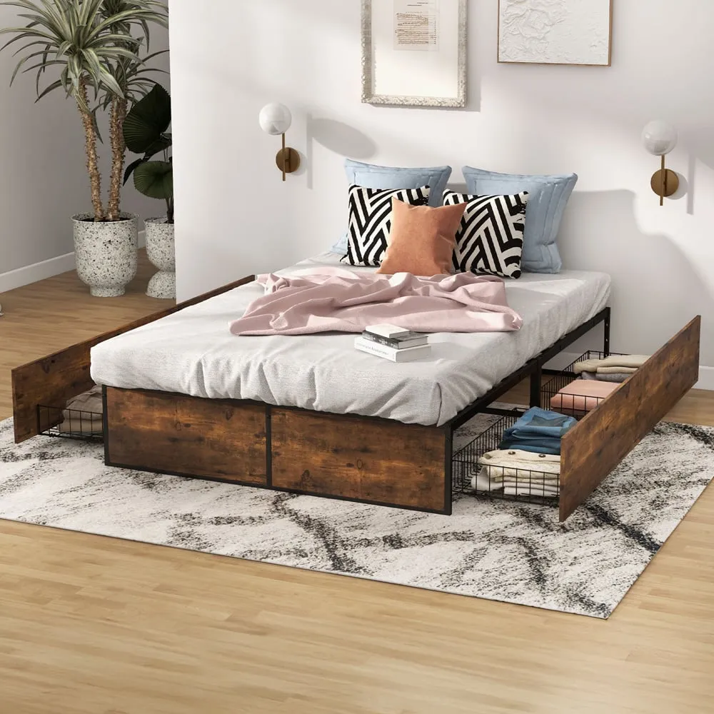 Double Metal Bed Frame with Storage - Brown